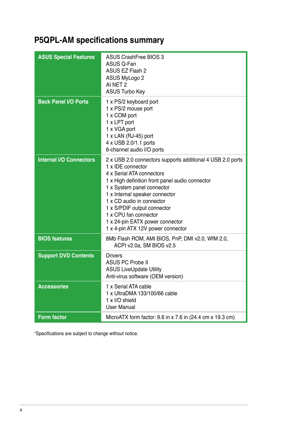 P5qpl-am specifications summary | Asus P5QPL-AM User Manual | Page 10 / 60