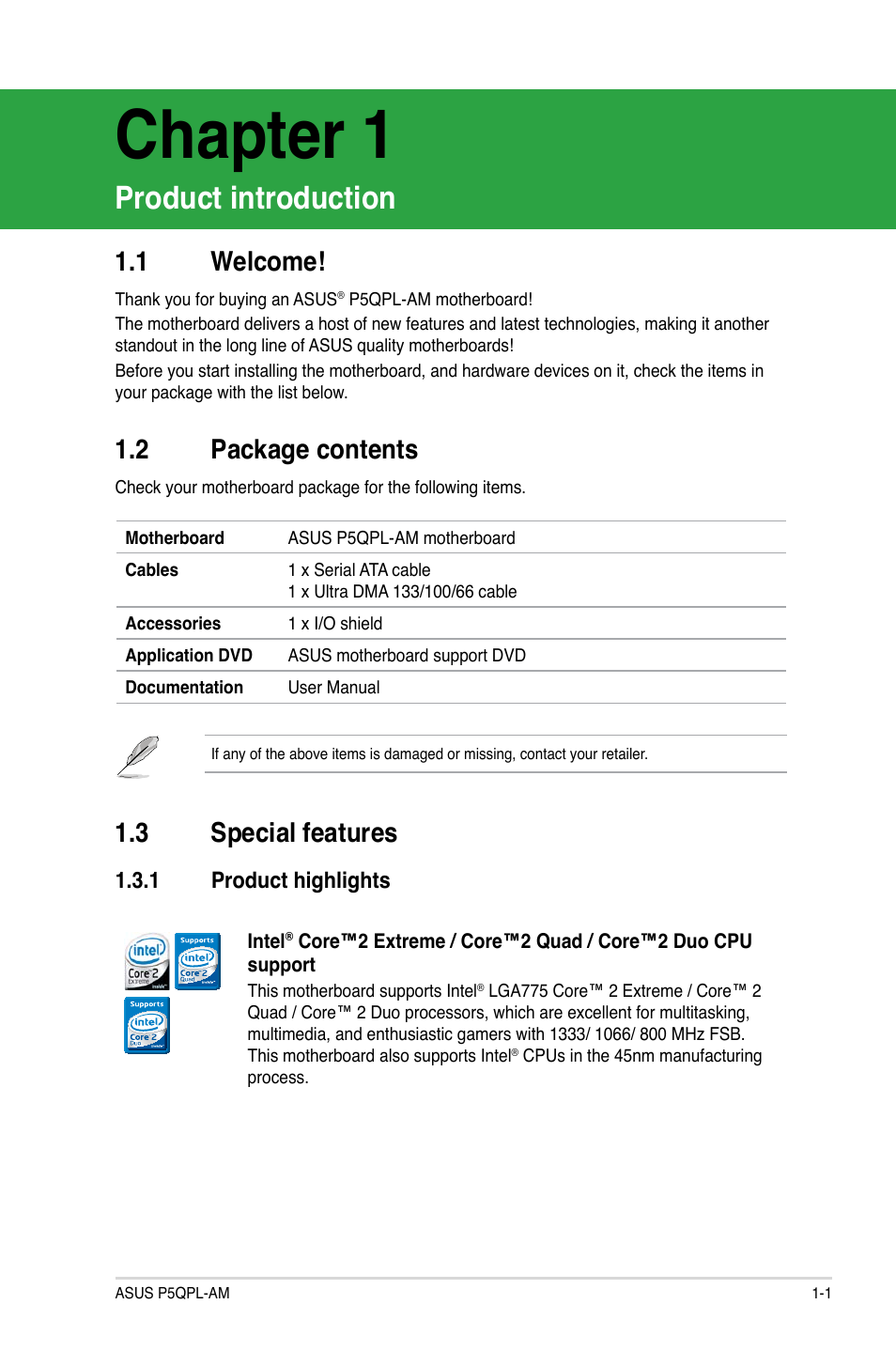 Chapter 1, Product introduction, 1 welcome | 2 package contents, 3 special features, 1 product highlights, Welcome! -1, Package contents -1, Special features -1 1.3.1, Product highlights -1 | Asus P5QPL-AM User Manual | Page 11 / 60