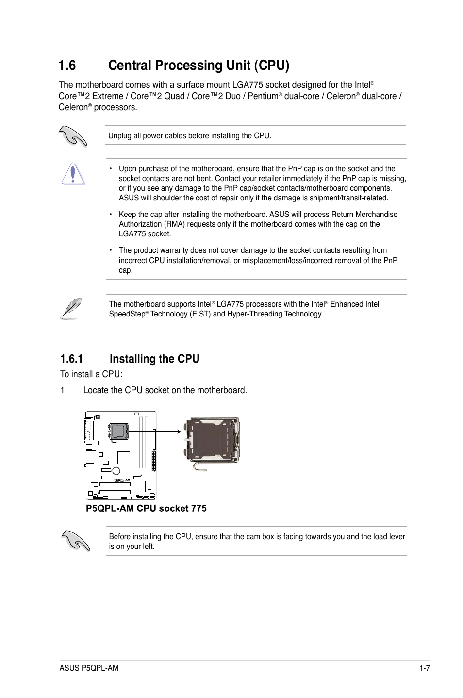 6 central processing unit (cpu), 1 installing the cpu, Central processing unit (cpu) -7 1.6.1 | Installing the cpu -7 | Asus P5QPL-AM User Manual | Page 17 / 60