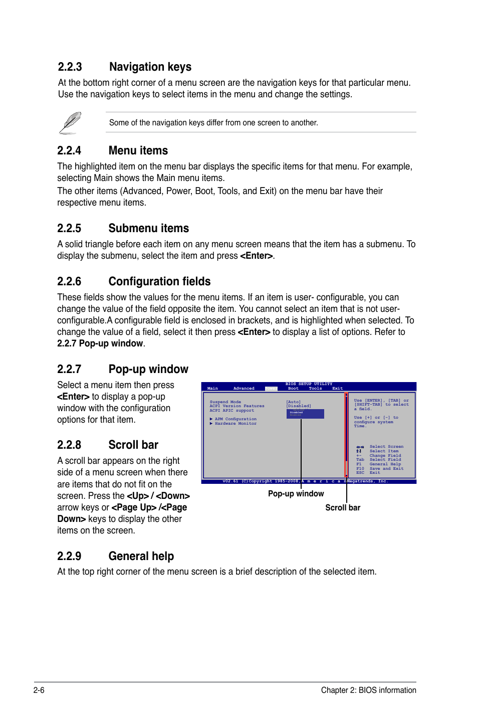 3 navigation keys, 4 menu items, 5 submenu items | 6 configuration fields, 7 pop-up window, 8 scroll bar, 9 general help, Navigation keys -6, Menu items -6, Submenu items -6 | Asus P5QPL-AM User Manual | Page 46 / 60