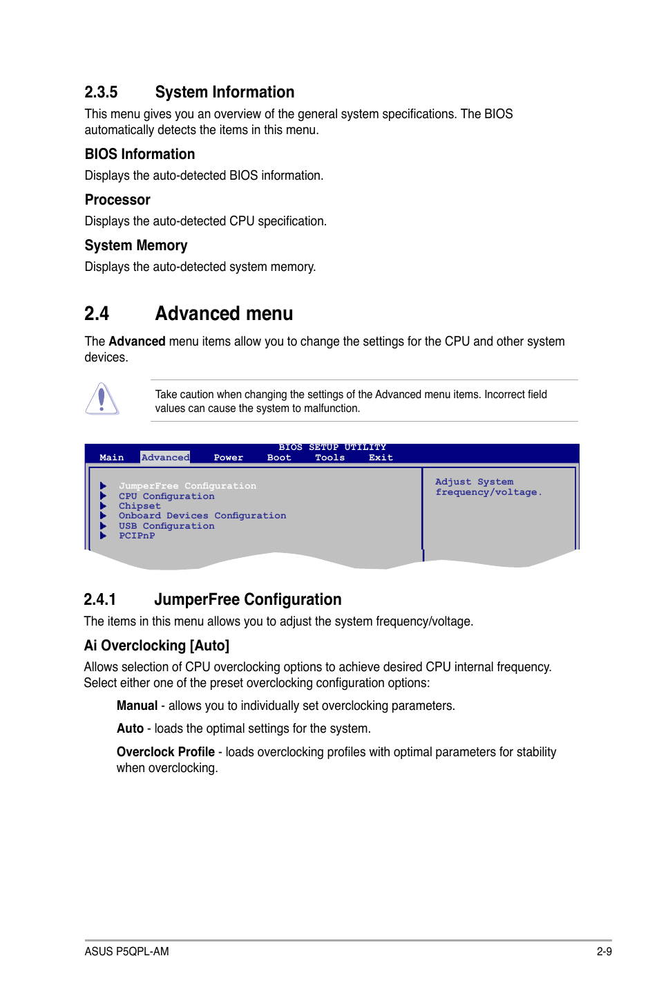 5 system information, 4 advanced menu, 1 jumperfree configuration | System information -9, Advanced menu -9 2.4.1, Jumperfree configuration -9 | Asus P5QPL-AM User Manual | Page 49 / 60