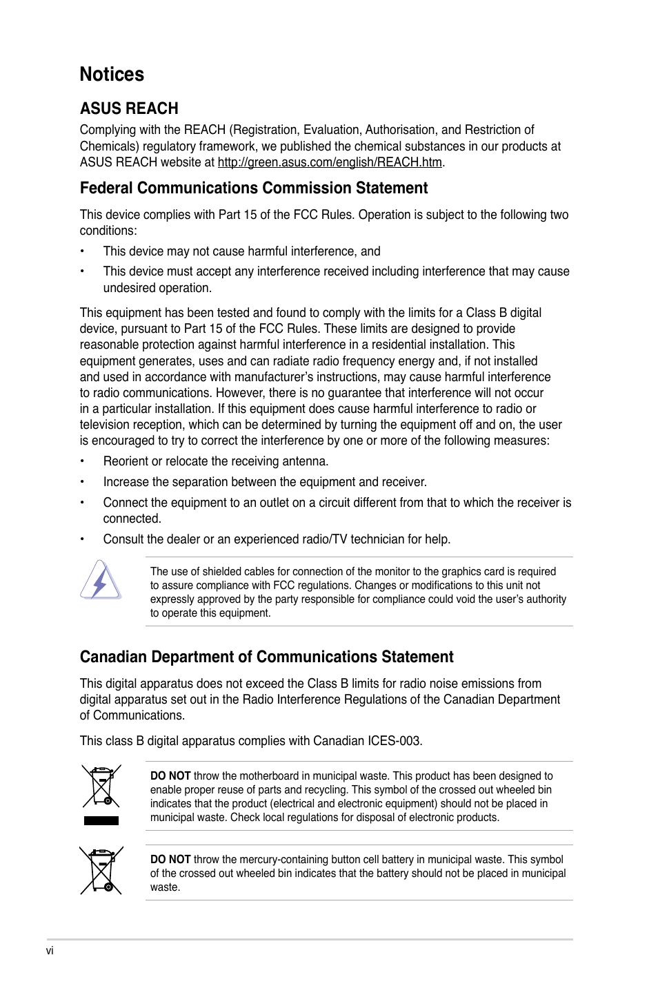 Notices, Asus reach, Federal communications commission statement | Canadian department of communications statement | Asus P5QPL-AM User Manual | Page 6 / 60