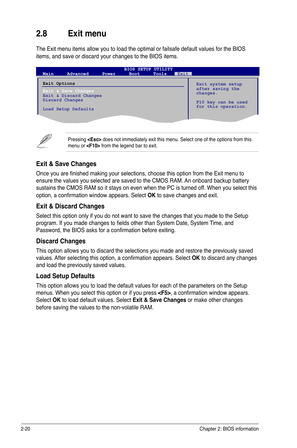 8 exit menu, Exit menu -20, Exit & save changes | Exit & discard changes, Discard changes, Load setup defaults | Asus P5QPL-AM User Manual | Page 60 / 60