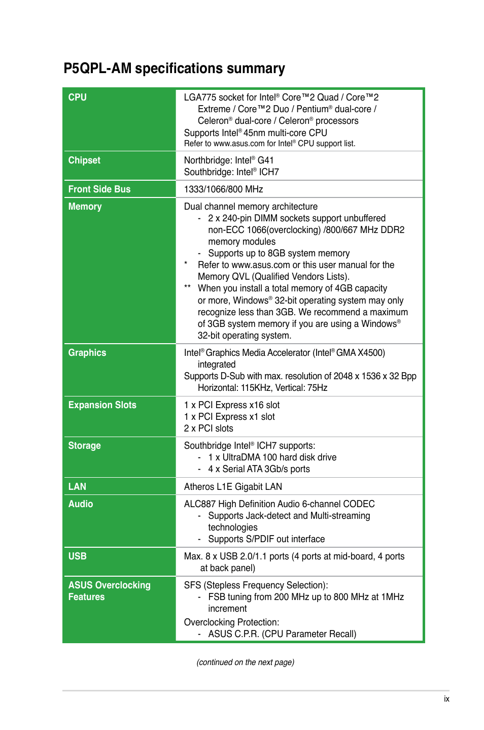 P5qpl-am specifications summary | Asus P5QPL-AM User Manual | Page 9 / 60