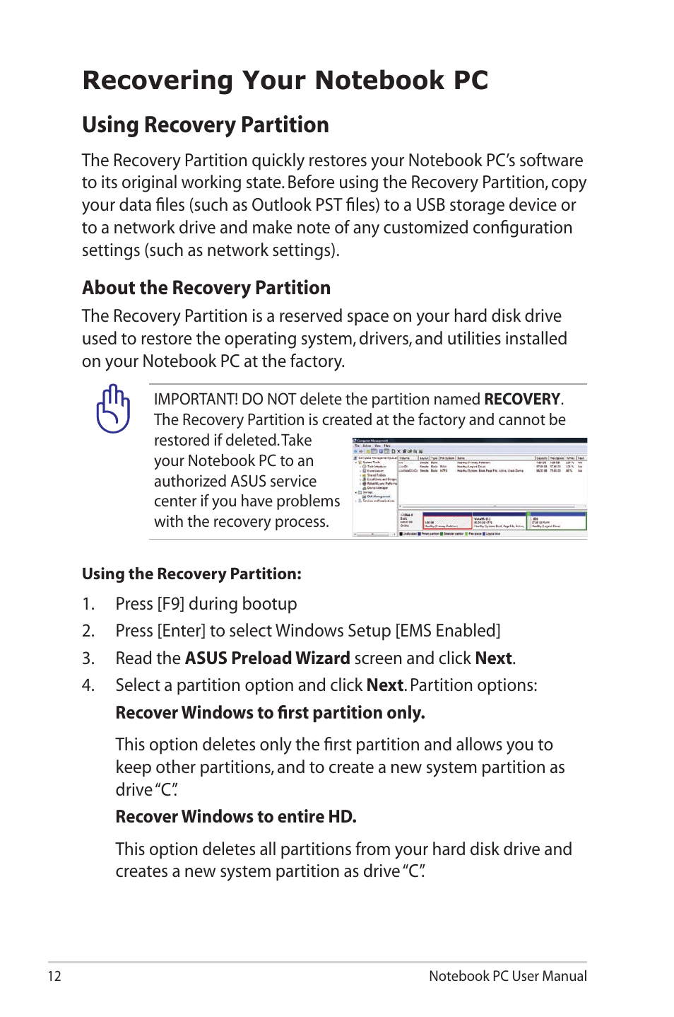 Recovering your notebook pc, Using recovery partition | Asus X5DIN User Manual | Page 12 / 24