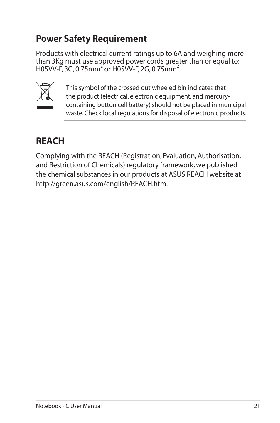 Power safety requirement, Reach | Asus X5DIN User Manual | Page 21 / 24