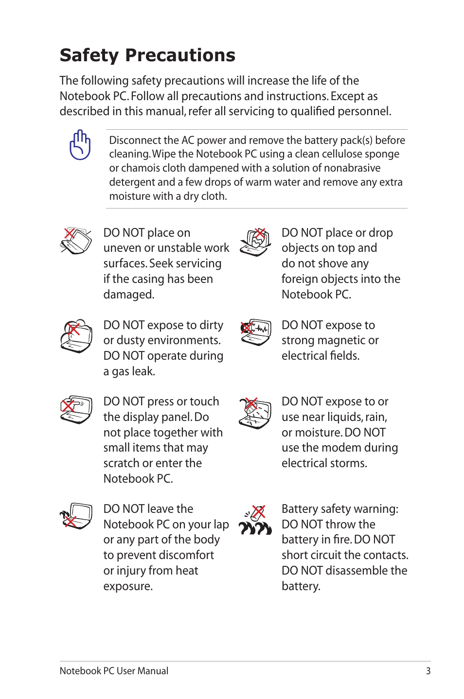 Safety precautions | Asus X5DIN User Manual | Page 3 / 24