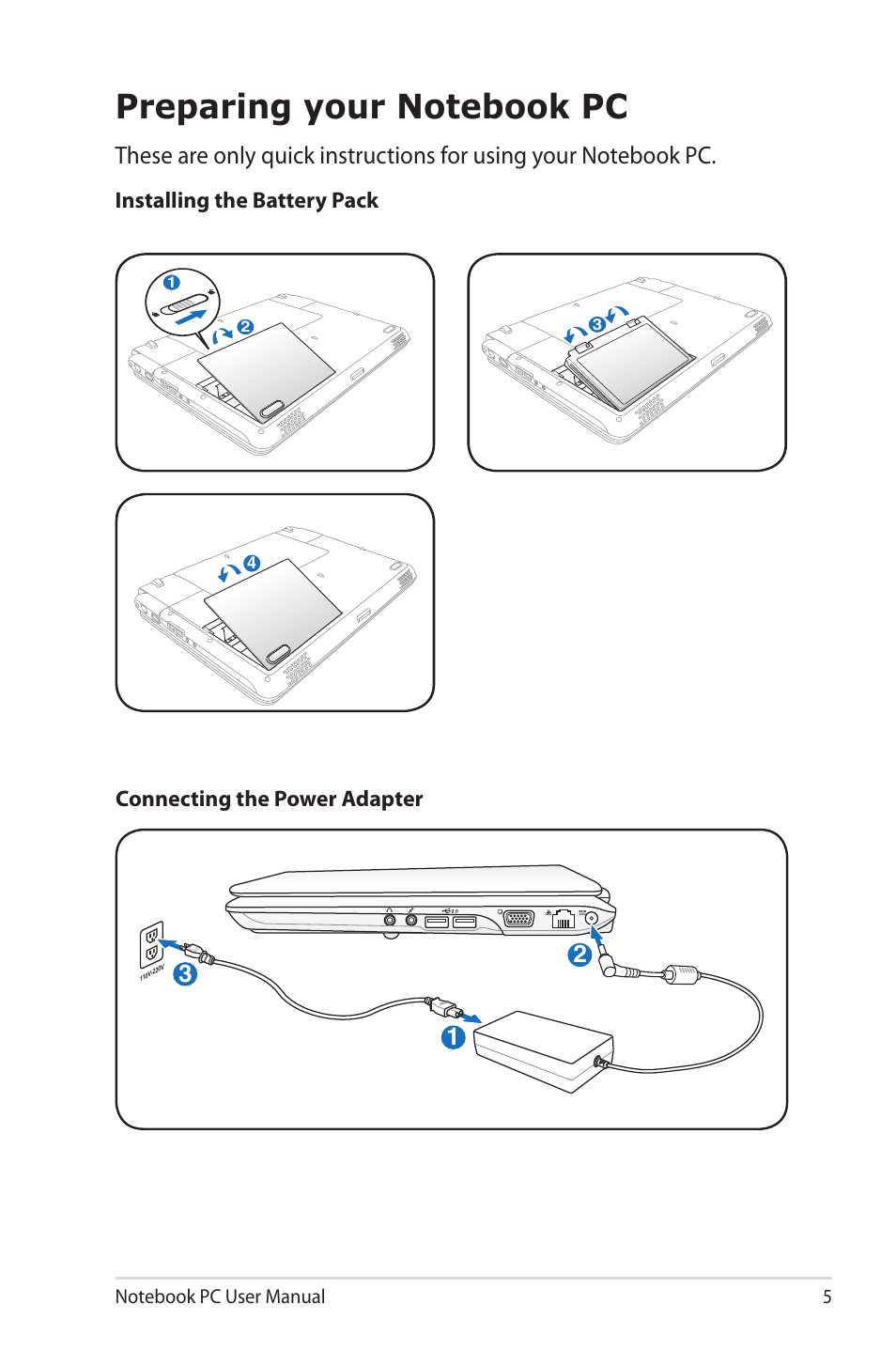 Preparing your notebook pc | Asus X5DIN User Manual | Page 5 / 24