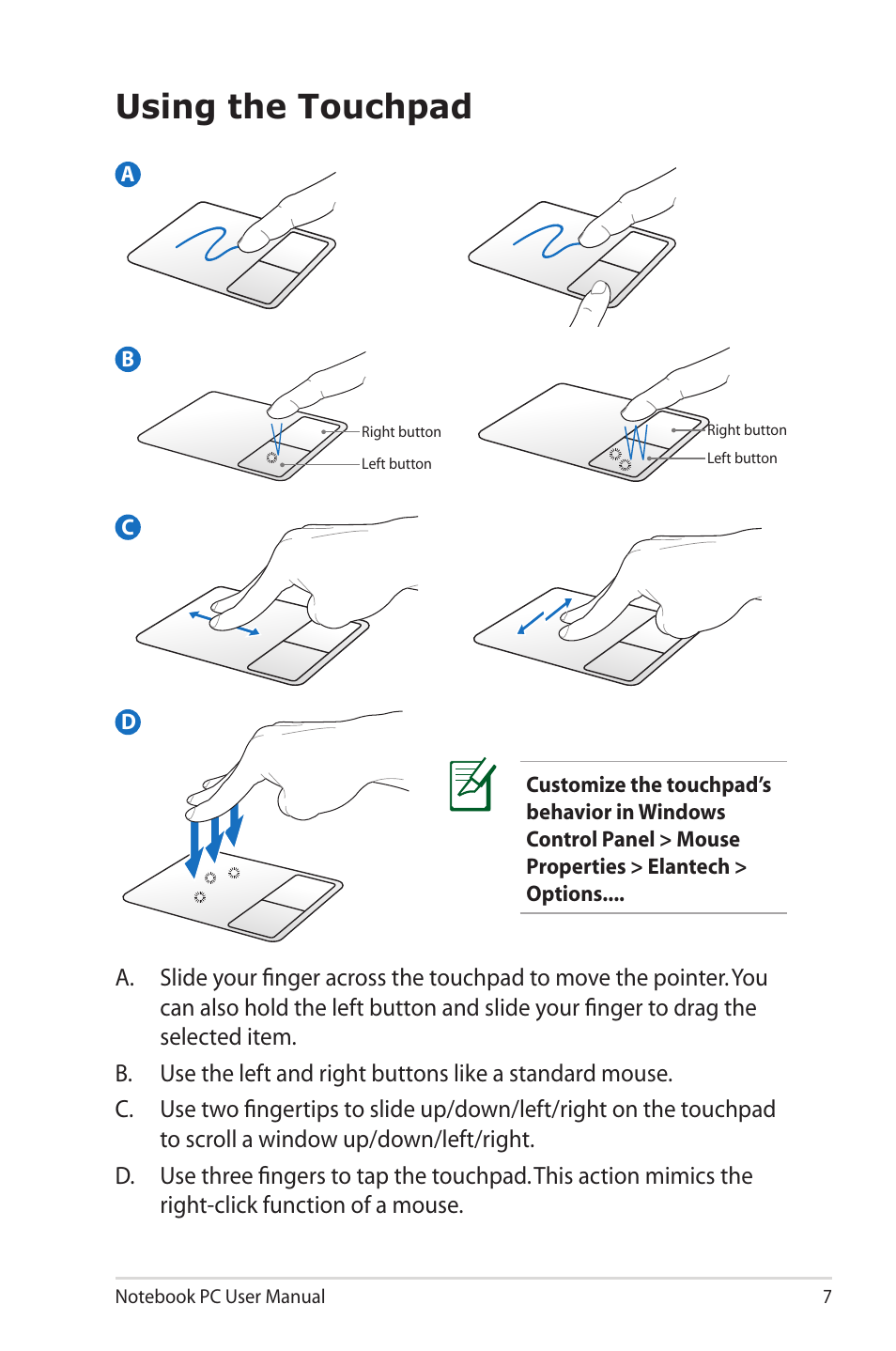 Using the touchpad | Asus X5DIN User Manual | Page 7 / 24