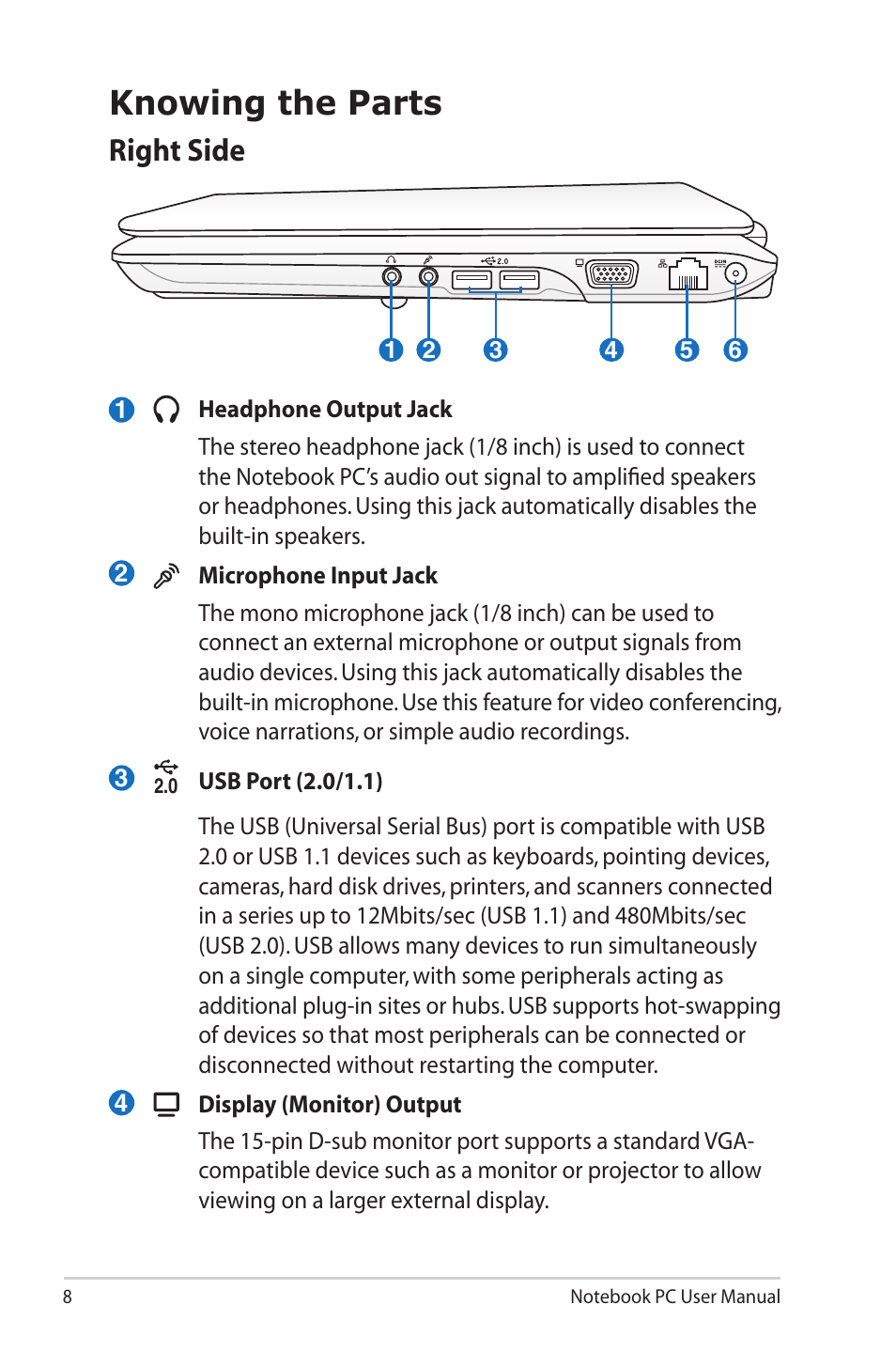 Knowing the parts, Right side | Asus X5DIN User Manual | Page 8 / 24