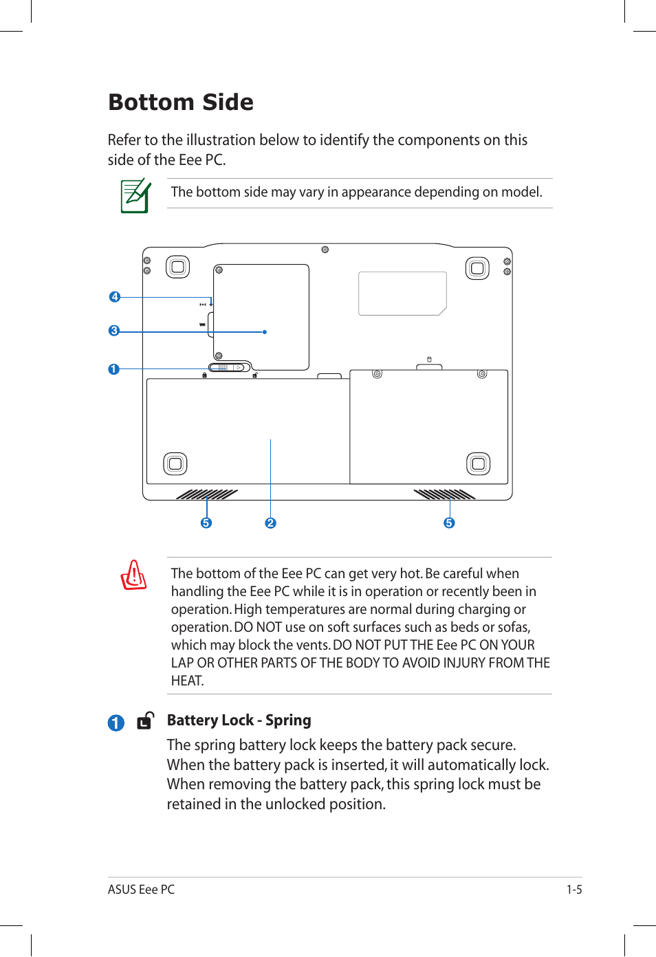 Bottom side, Bottom side -5 | Asus Eee PC S101H/XP User Manual | Page 13 / 58