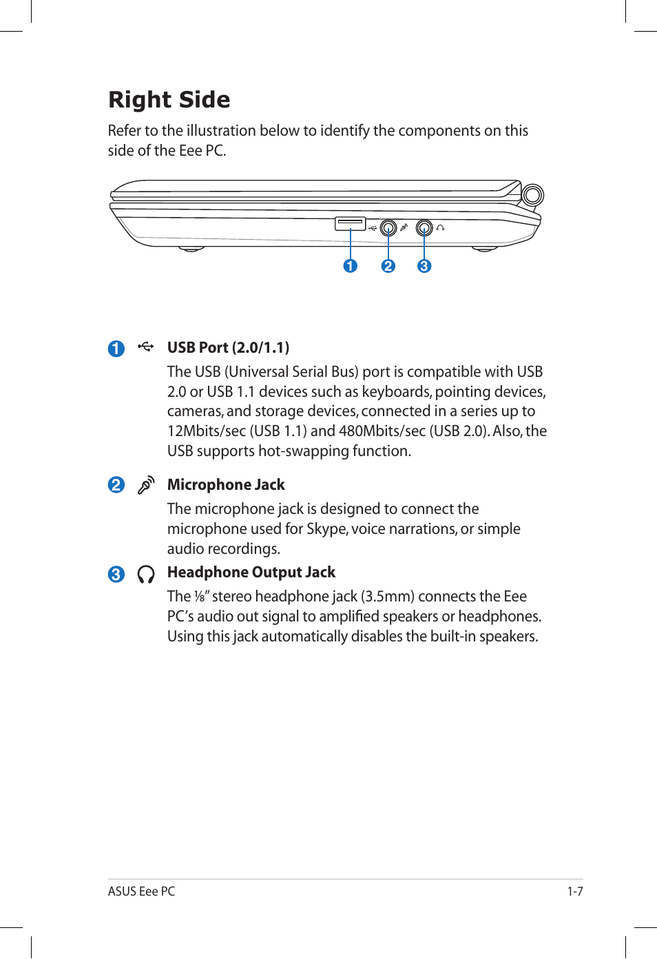 Right side, Right side -7 | Asus Eee PC S101H/XP User Manual | Page 15 / 58