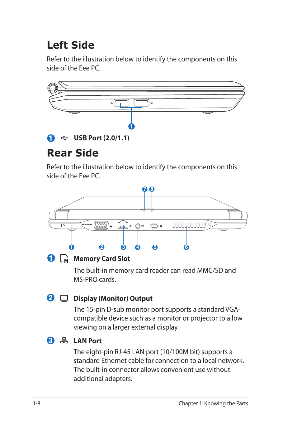 Left side, Rear side, Left side -8 rear side -8 | Asus Eee PC S101H/XP User Manual | Page 16 / 58