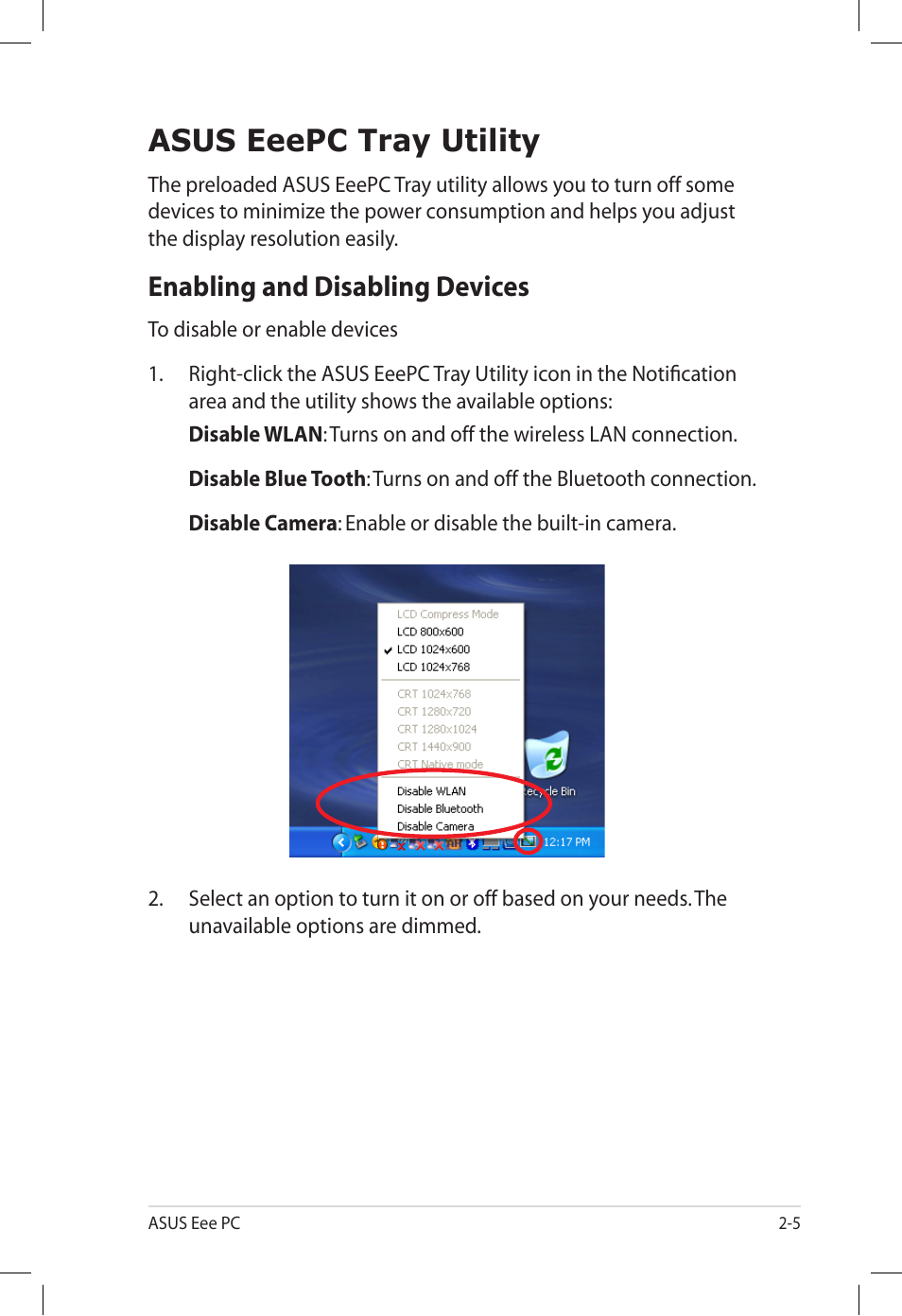 Asus eeepc tray utility, Enabling and disabling devices, Asus eeepc tray utility -5 | Enabling and disabling devices -5 | Asus Eee PC S101H/XP User Manual | Page 25 / 58