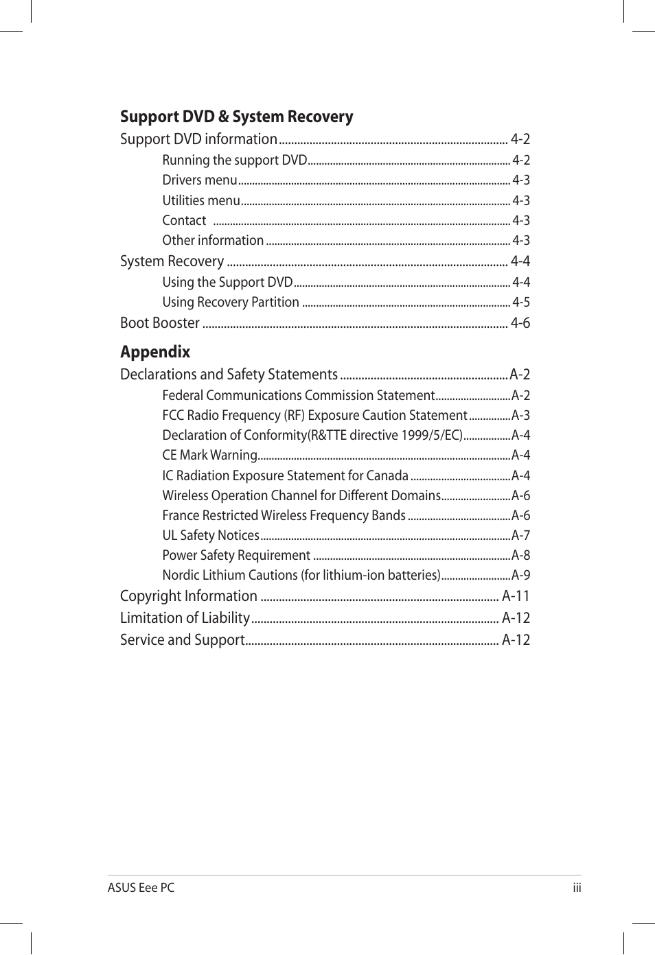 Support dvd & system recovery, Appendix | Asus Eee PC S101H/XP User Manual | Page 3 / 58