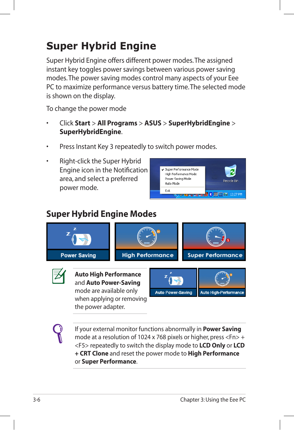 Super hybrid engine, Super hybrid engine modes, Super hybrid engine -6 | Super hybrid engine modes -6 | Asus Eee PC S101H/XP User Manual | Page 38 / 58