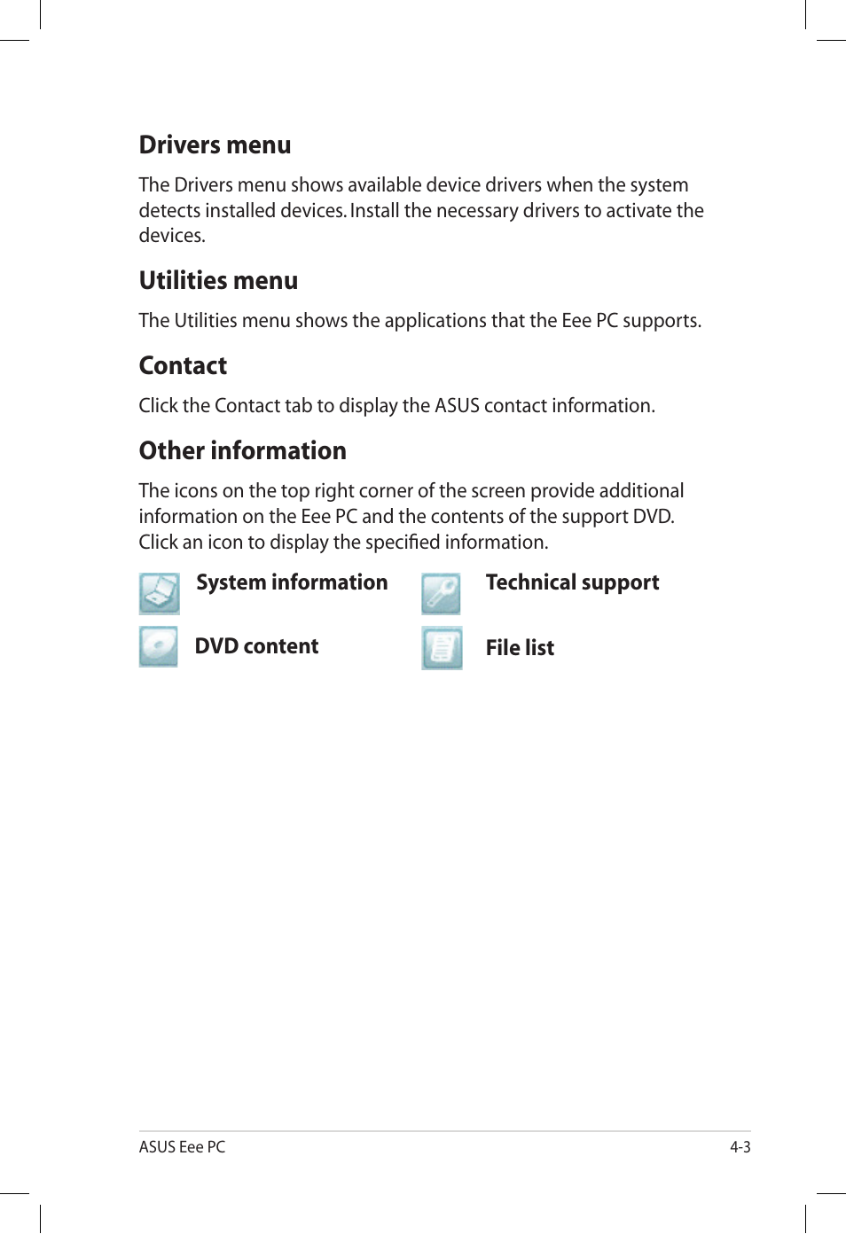 Drivers menu, Utilities menu, Contact | Other information | Asus Eee PC S101H/XP User Manual | Page 43 / 58