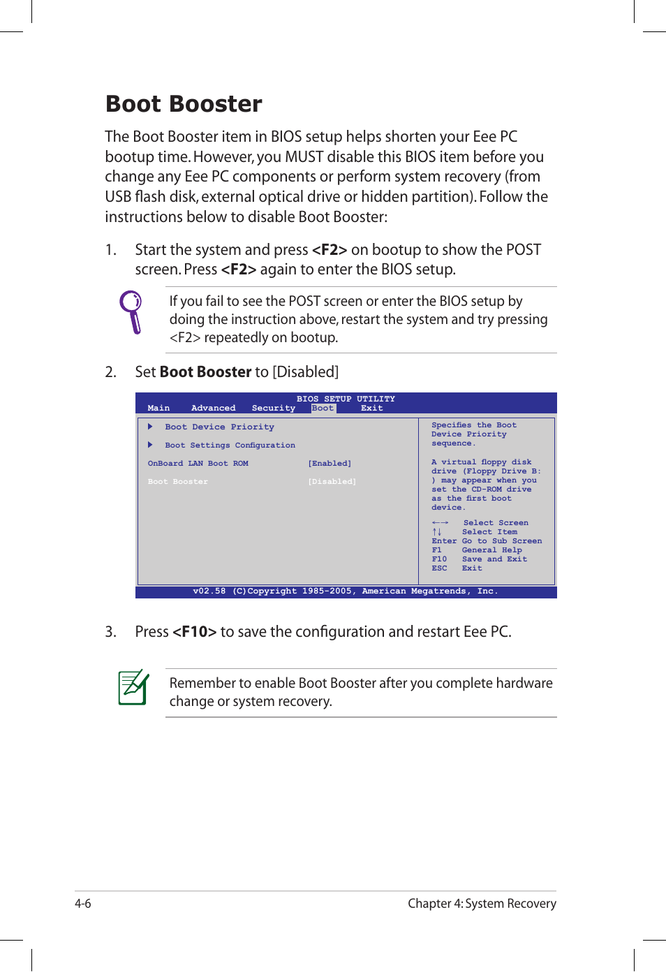 Boot booster, Boot booster -6, Set boot booster to [disabled | Chapter 4: system recovery 4-6 | Asus Eee PC S101H/XP User Manual | Page 46 / 58