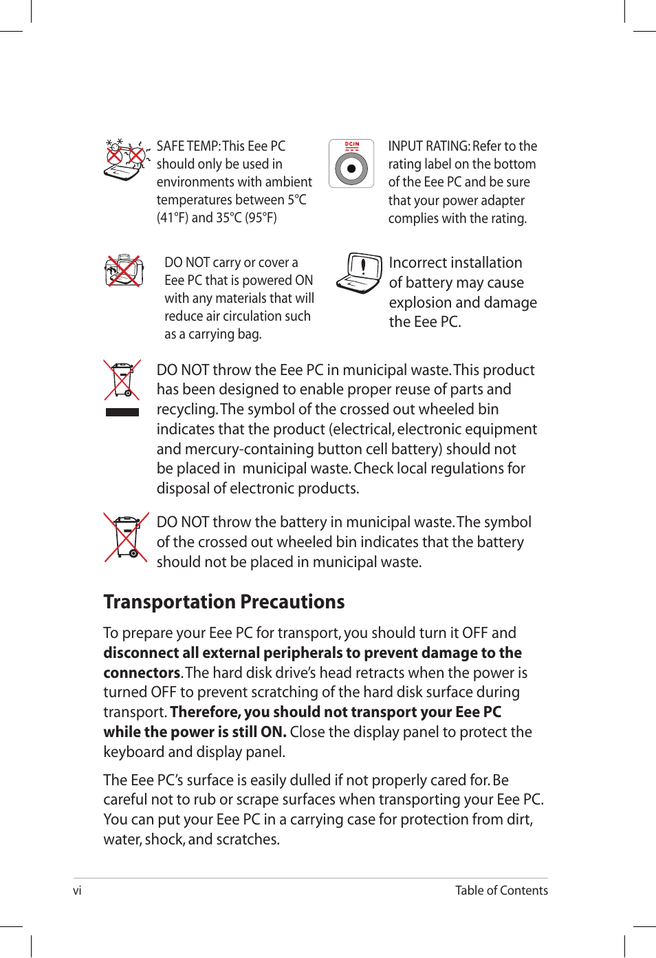 Transportation precautions | Asus Eee PC S101H/XP User Manual | Page 6 / 58