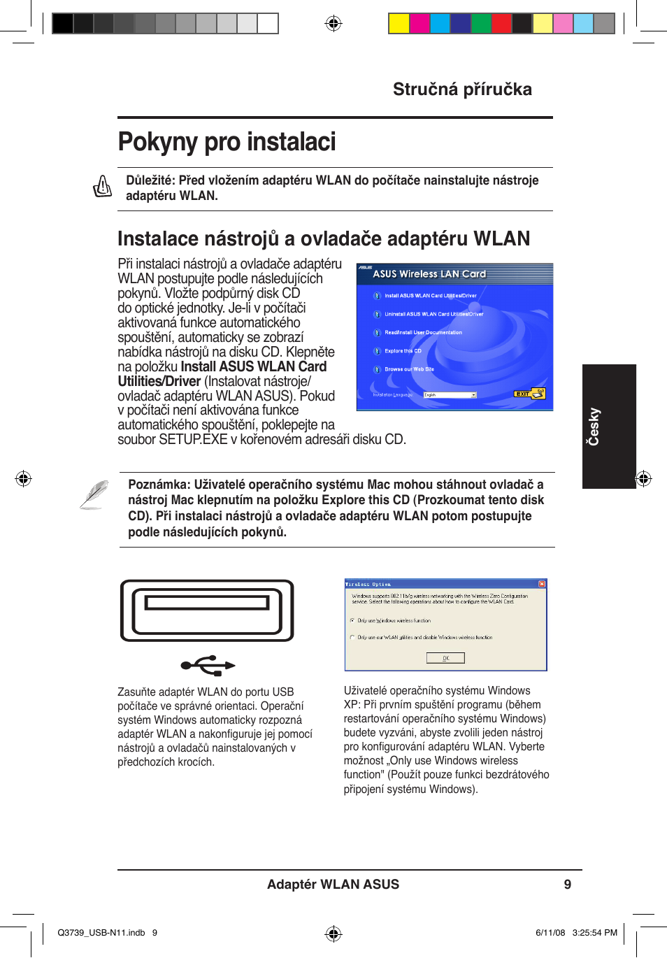 Pokyny pro instalaci, Instalace nástrojů a ovladače adaptéru wlan, Stručná příručka | Asus USB-N11 User Manual | Page 12 / 83