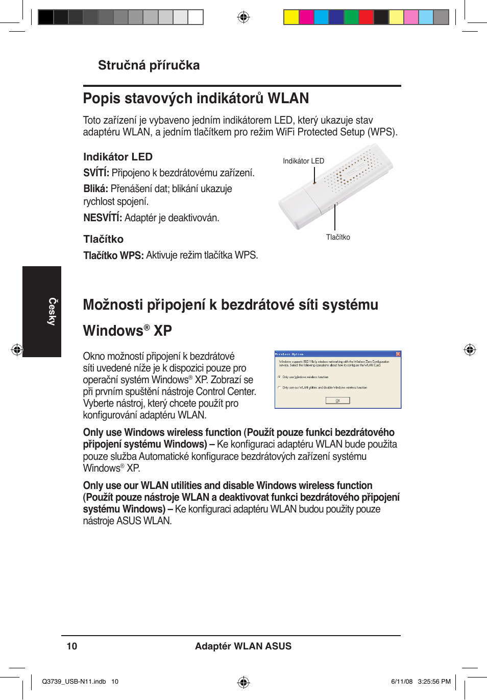 Popis stavových indikátorů wlan, Stručná příručka | Asus USB-N11 User Manual | Page 13 / 83