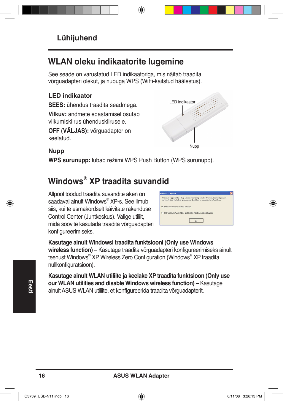 Windows, Xp traadita suvandid, Wlan oleku indikaatorite lugemine | Lühijuhend | Asus USB-N11 User Manual | Page 19 / 83