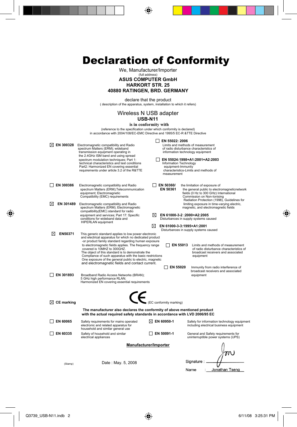 Declaration of conformity, Wireless n usb adapter, We, manufacturer/importer | Usb-n11 | Asus USB-N11 User Manual | Page 2 / 83