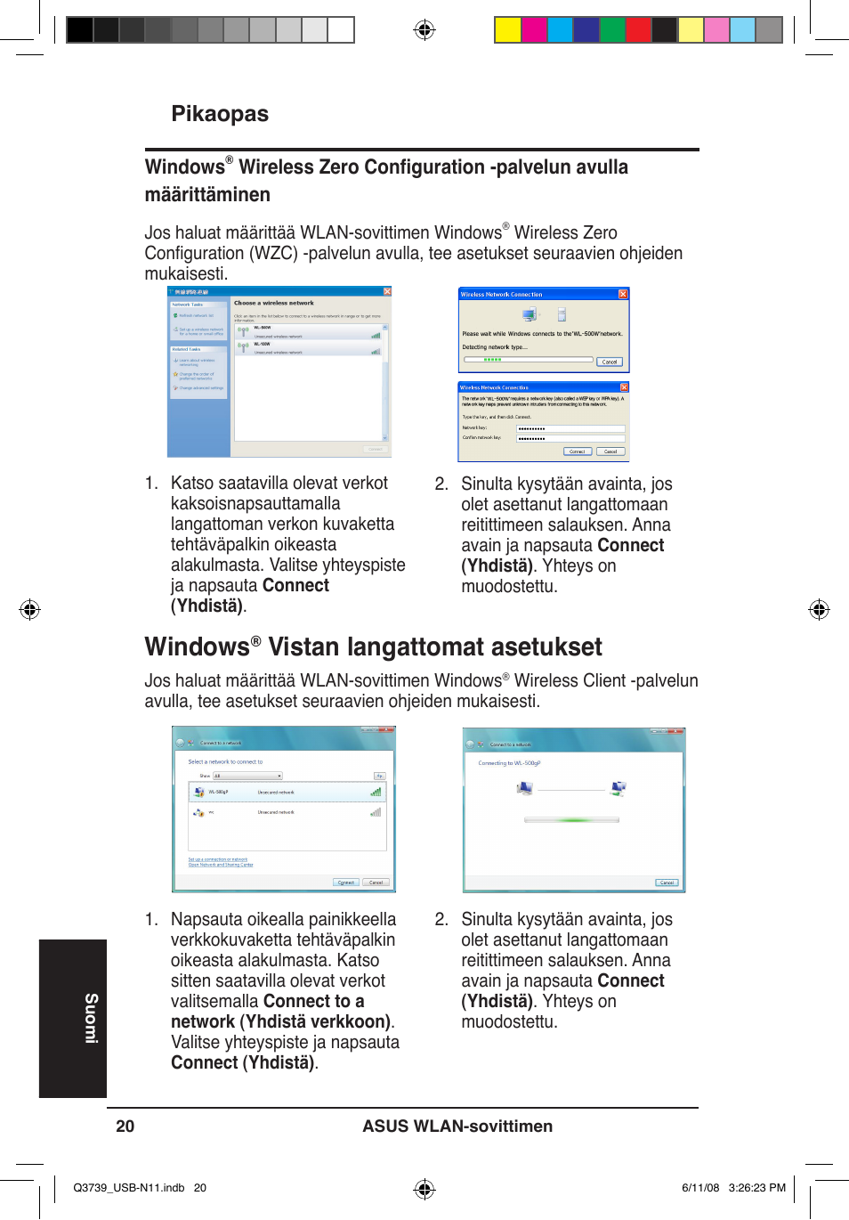 Windows, Vistan langattomat asetukset, Pikaopas | Asus USB-N11 User Manual | Page 23 / 83