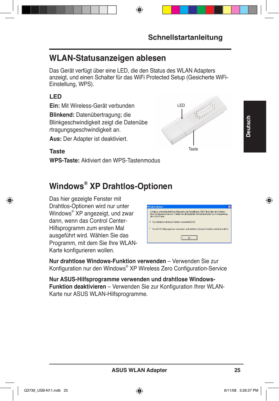 Windows, Xp drahtlos-optionen, Wlan-statusanzeigen ablesen | Schnellstartanleitung | Asus USB-N11 User Manual | Page 28 / 83