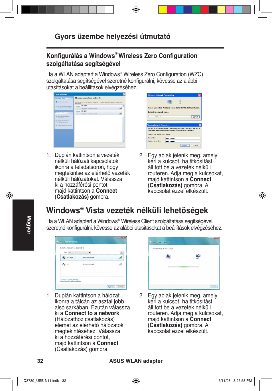 Windows, Vista vezeték nélküli lehetőségek, Gyors üzembe helyezési útmutató | Asus USB-N11 User Manual | Page 35 / 83