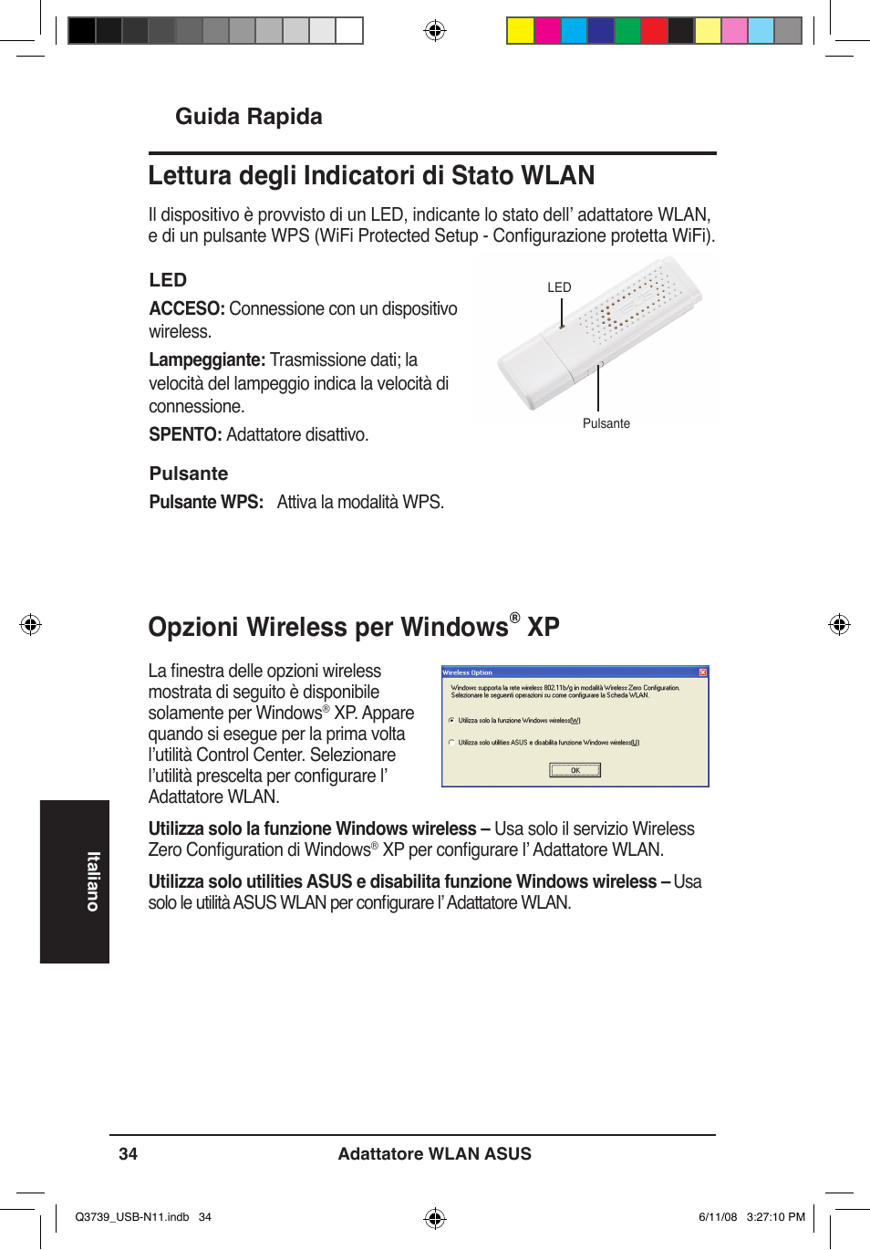 Opzioni wireless per windows, Lettura degli indicatori di stato wlan, Guida rapida | Asus USB-N11 User Manual | Page 37 / 83