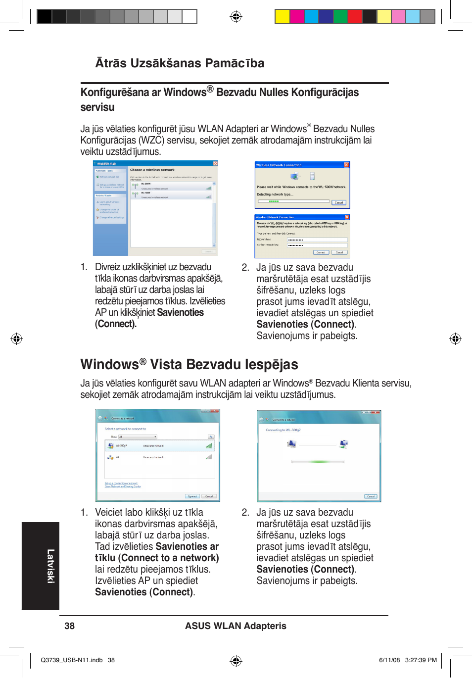 Windows, Vista bezvadu iespējas, Ātrās uzsākšanas pamācība | Asus USB-N11 User Manual | Page 41 / 83
