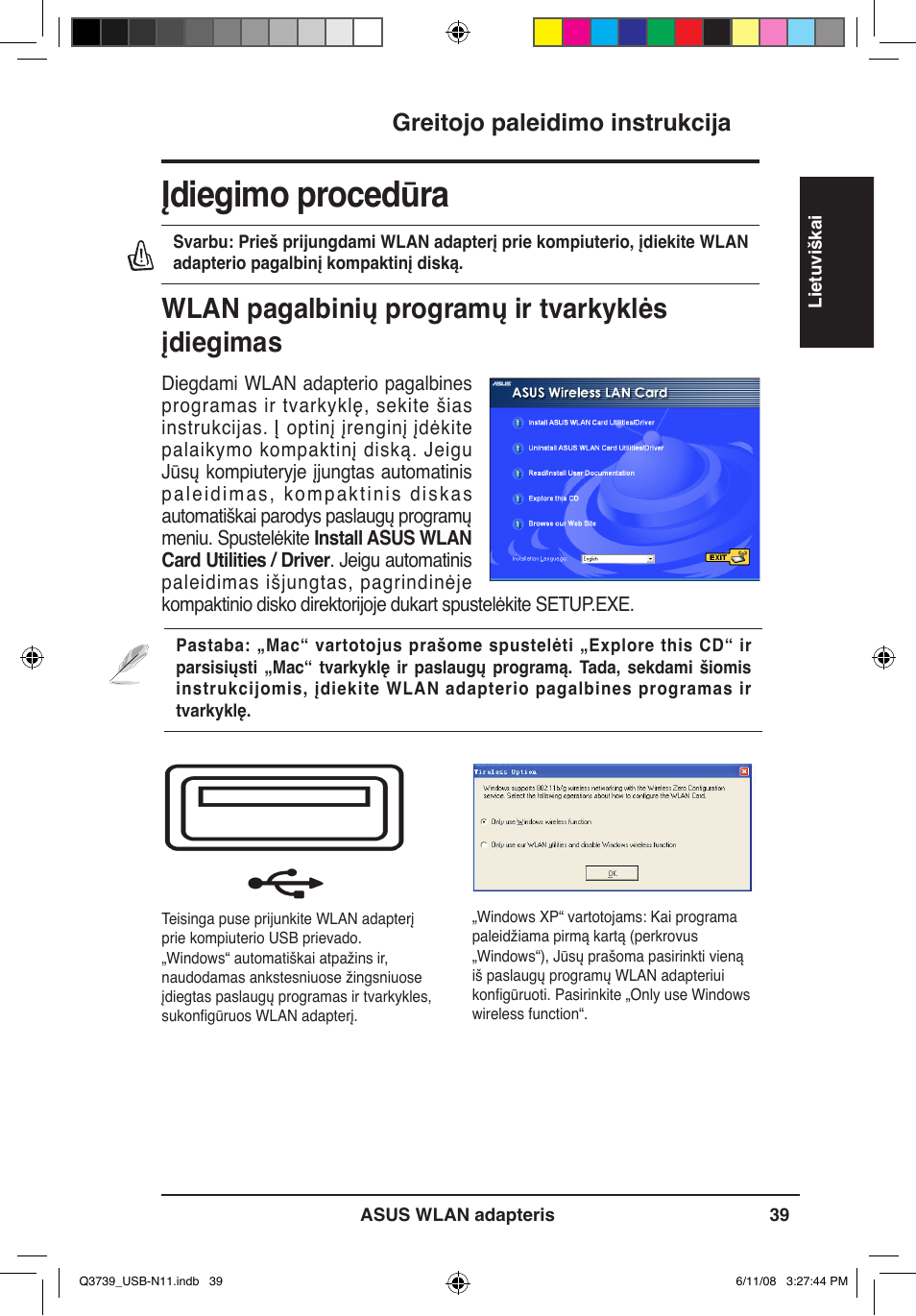 Įdiegimo procedūra, Wlan pagalbinių programų ir tvarkyklės įdiegimas, Greitojo paleidimo instrukcija | Asus USB-N11 User Manual | Page 42 / 83