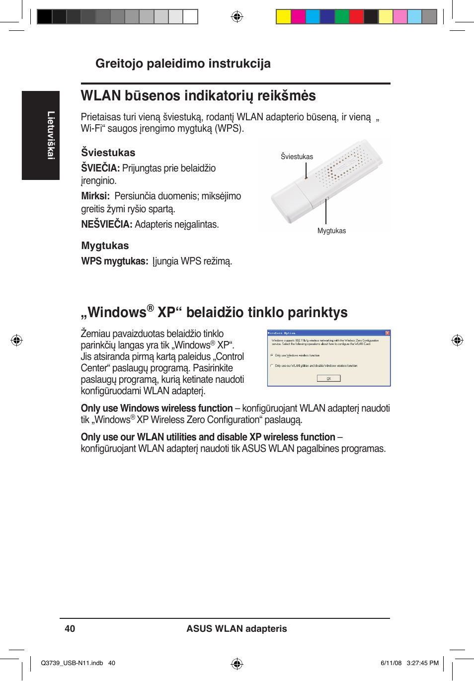 Windows, Xp“ belaidžio tinklo parinktys, Wlan būsenos indikatorių reikšmės | Greitojo paleidimo instrukcija | Asus USB-N11 User Manual | Page 43 / 83