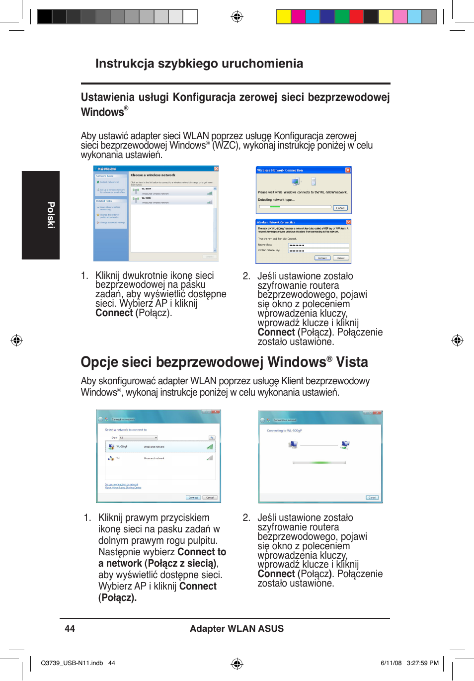 Opcje sieci bezprzewodowej windows, Vista, Instrukcja szybkiego uruchomienia | Asus USB-N11 User Manual | Page 47 / 83