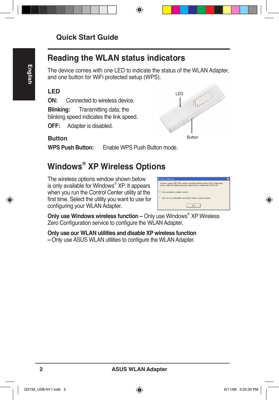 Windows, Xp wireless options, Reading the wlan status indicators | Quick start guide | Asus USB-N11 User Manual | Page 5 / 83