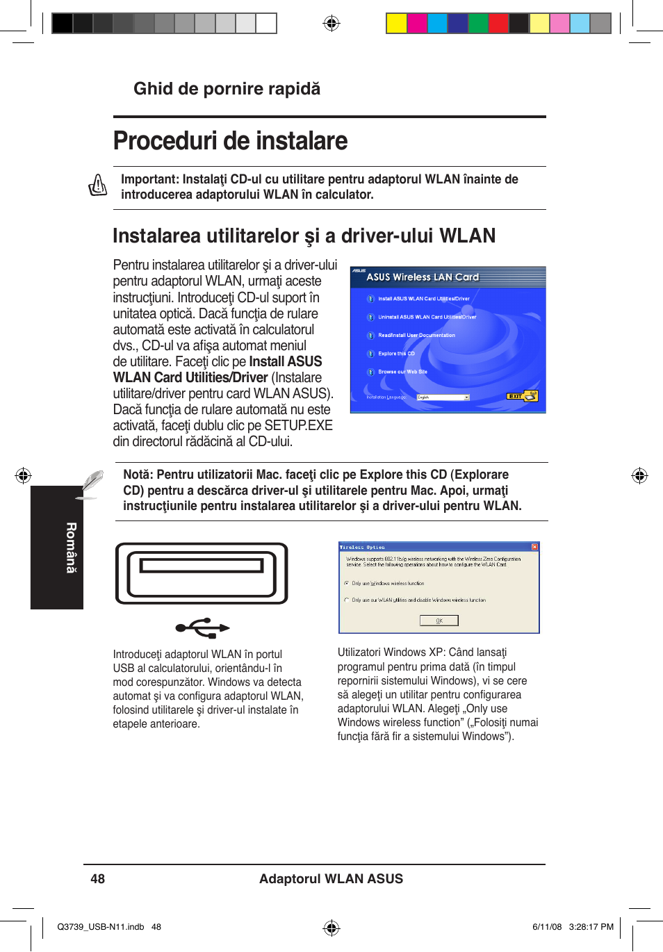 Proceduri de instalare, Instalarea utilitarelor şi a driver-ului wlan, Ghid de pornire rapidă | Asus USB-N11 User Manual | Page 51 / 83