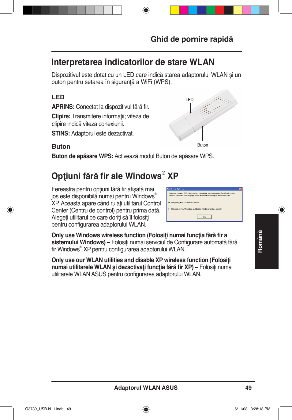 Opţiuni fără fir ale windows, Interpretarea indicatorilor de stare wlan, Ghid de pornire rapidă | Asus USB-N11 User Manual | Page 52 / 83