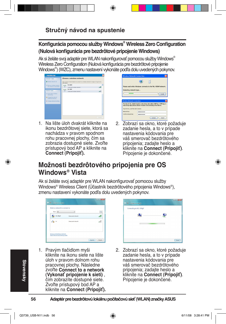 Možnosti bezdrôtového pripojenia pre os windows, Vista, Stručný návod na spustenie | Asus USB-N11 User Manual | Page 59 / 83