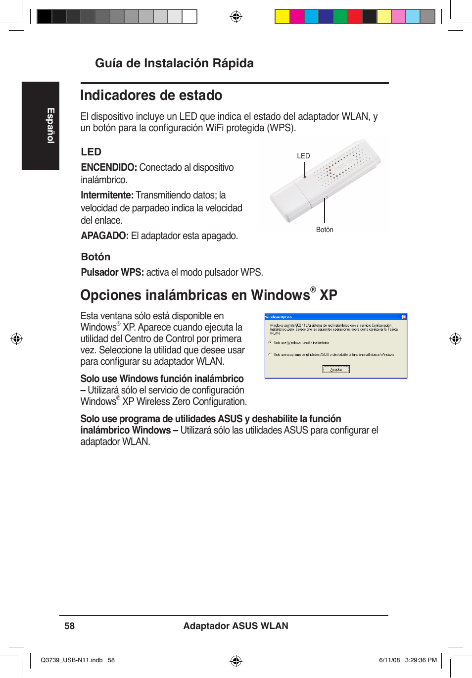 Opciones inalámbricas en windows, Indicadores de estado, Guía de instalación rápida | Asus USB-N11 User Manual | Page 61 / 83