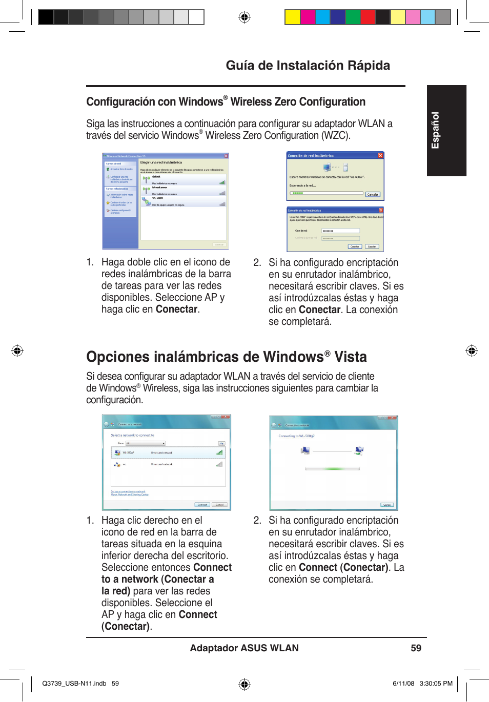 Opciones inalámbricas de windows, Vista, Guía de instalación rápida | Asus USB-N11 User Manual | Page 62 / 83