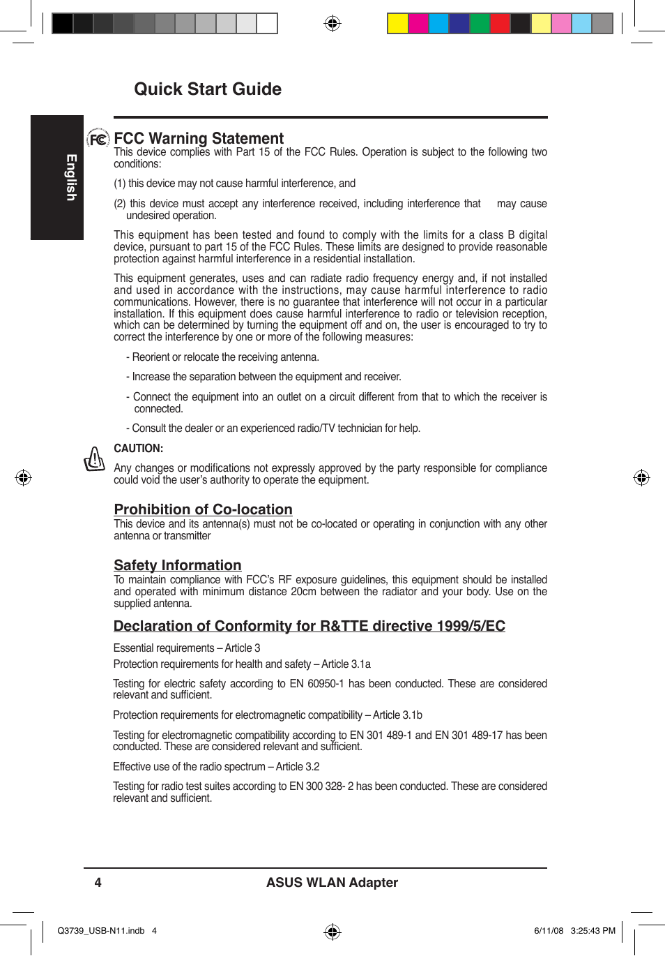 Quick start guide, Fcc warning statement | Asus USB-N11 User Manual | Page 7 / 83