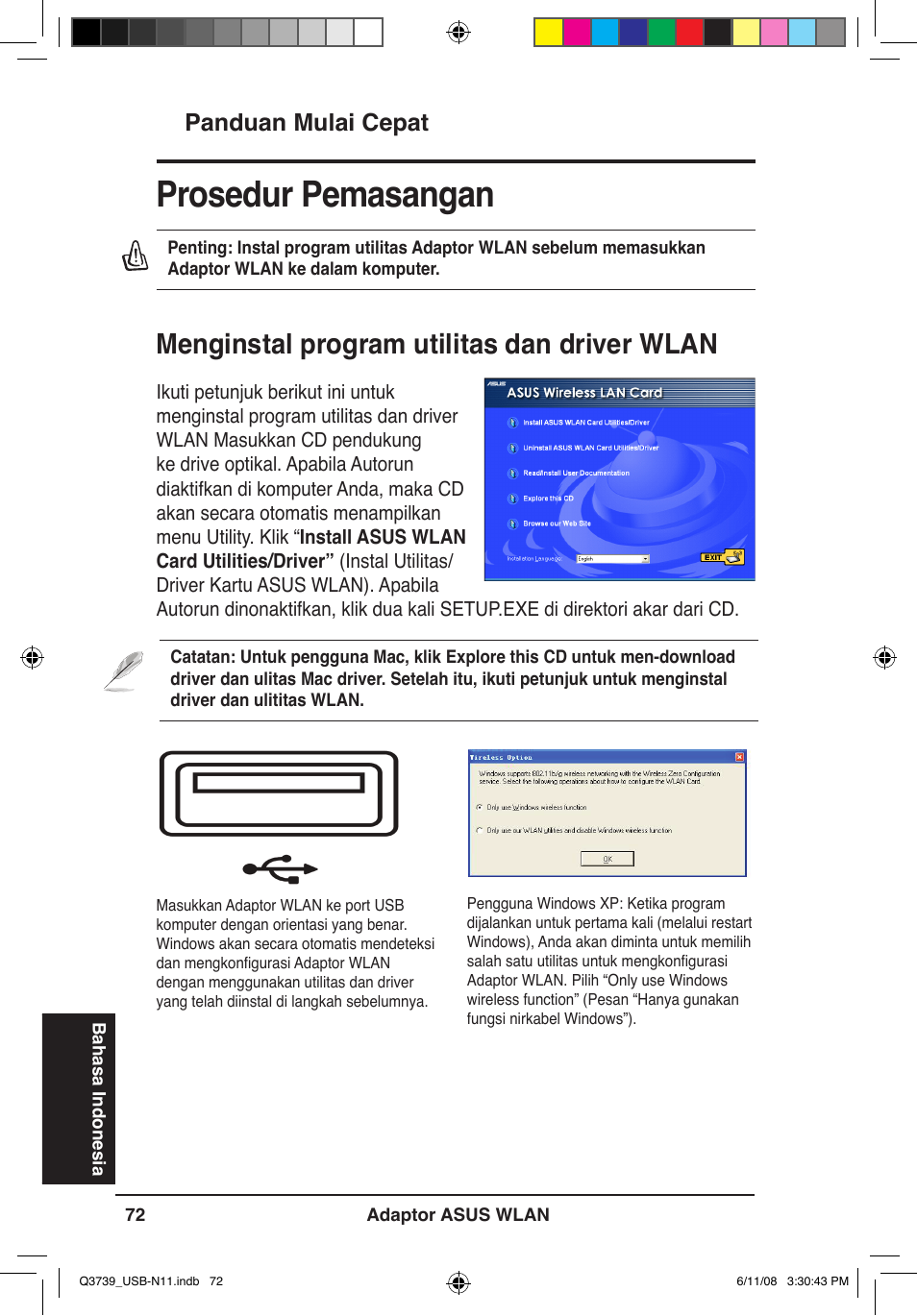Prosedur pemasangan, Menginstal program utilitas dan driver wlan, Panduan mulai cepat | Asus USB-N11 User Manual | Page 75 / 83