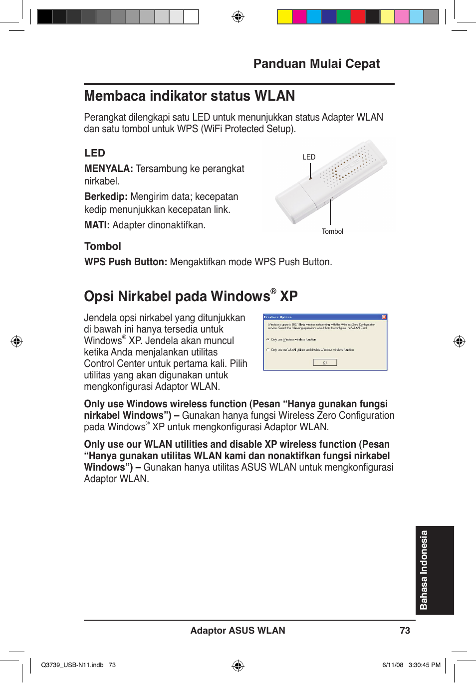 Opsi nirkabel pada windows, Membaca indikator status wlan, Panduan mulai cepat | Asus USB-N11 User Manual | Page 76 / 83