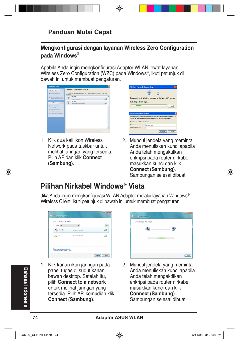 Pilihan nirkabel windows, Vista, Panduan mulai cepat | Asus USB-N11 User Manual | Page 77 / 83