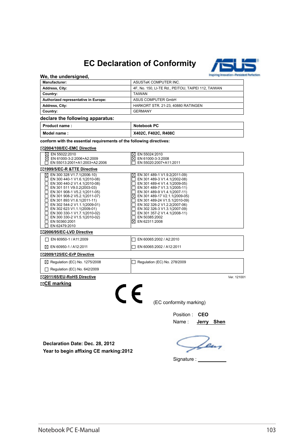 Ec declaration of conformity | Asus X502CA User Manual | Page 103 / 104