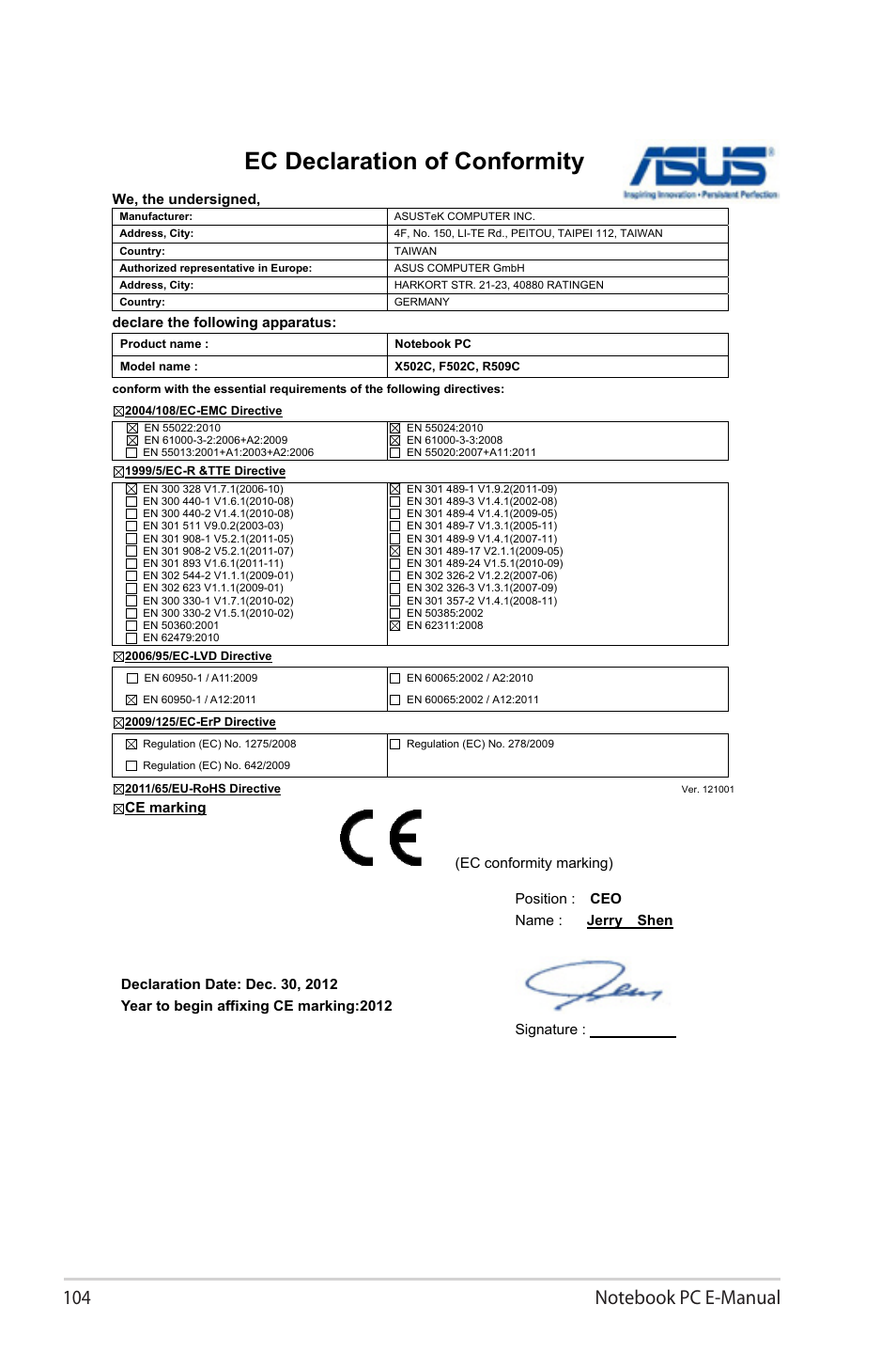 Ec declaration of conformity | Asus X502CA User Manual | Page 104 / 104