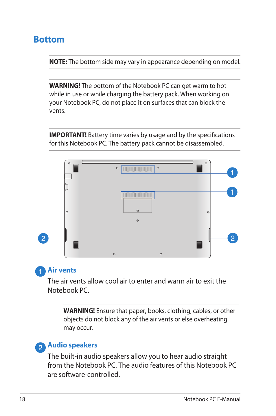 Bottom | Asus X502CA User Manual | Page 18 / 104