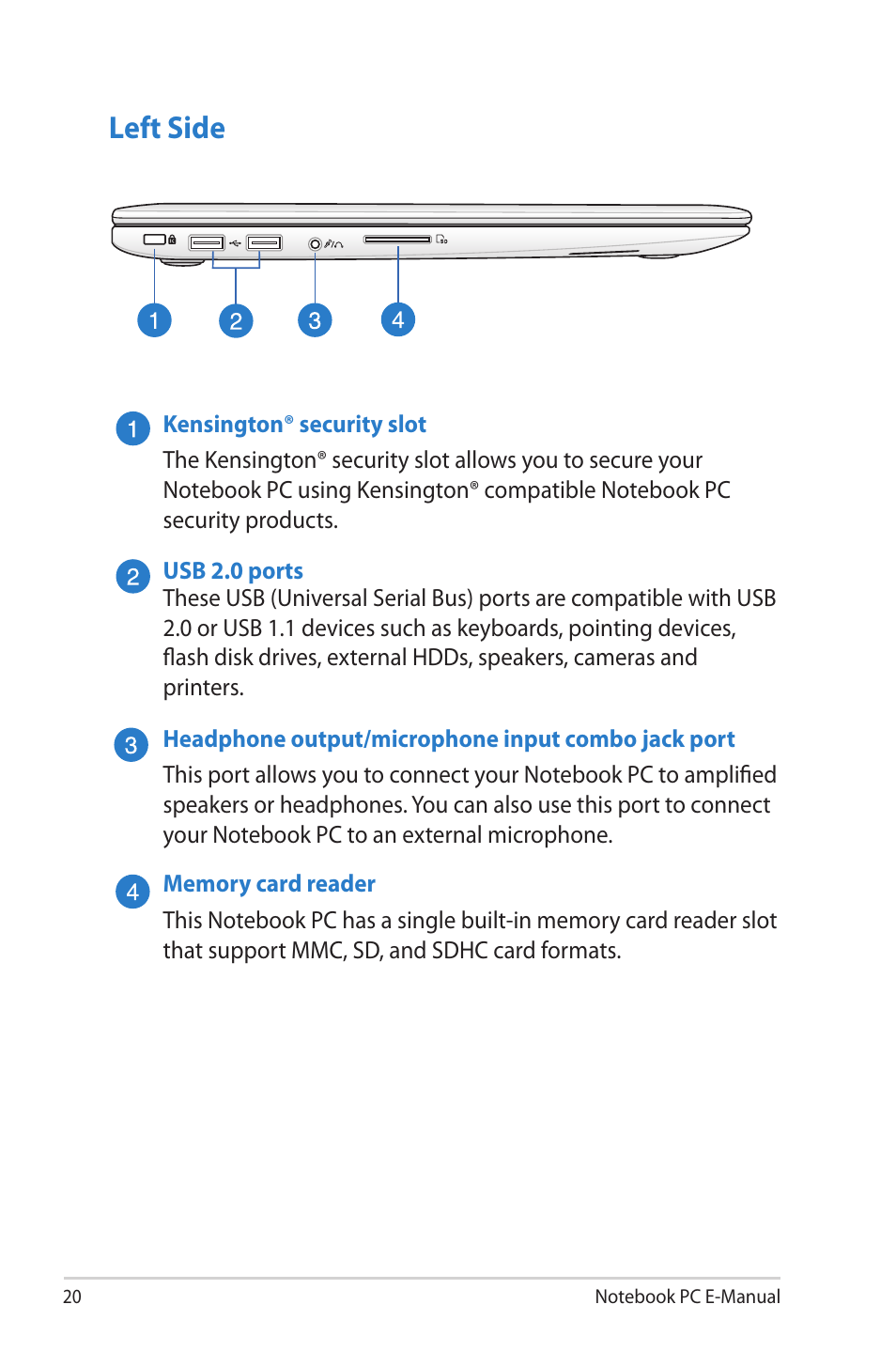 Left side | Asus X502CA User Manual | Page 20 / 104