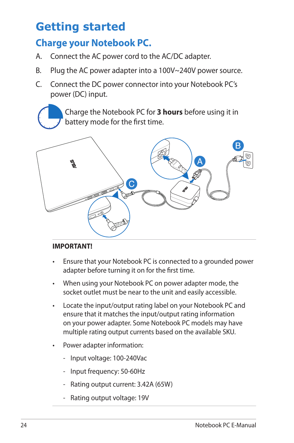 Getting started, Charge your notebook pc | Asus X502CA User Manual | Page 24 / 104